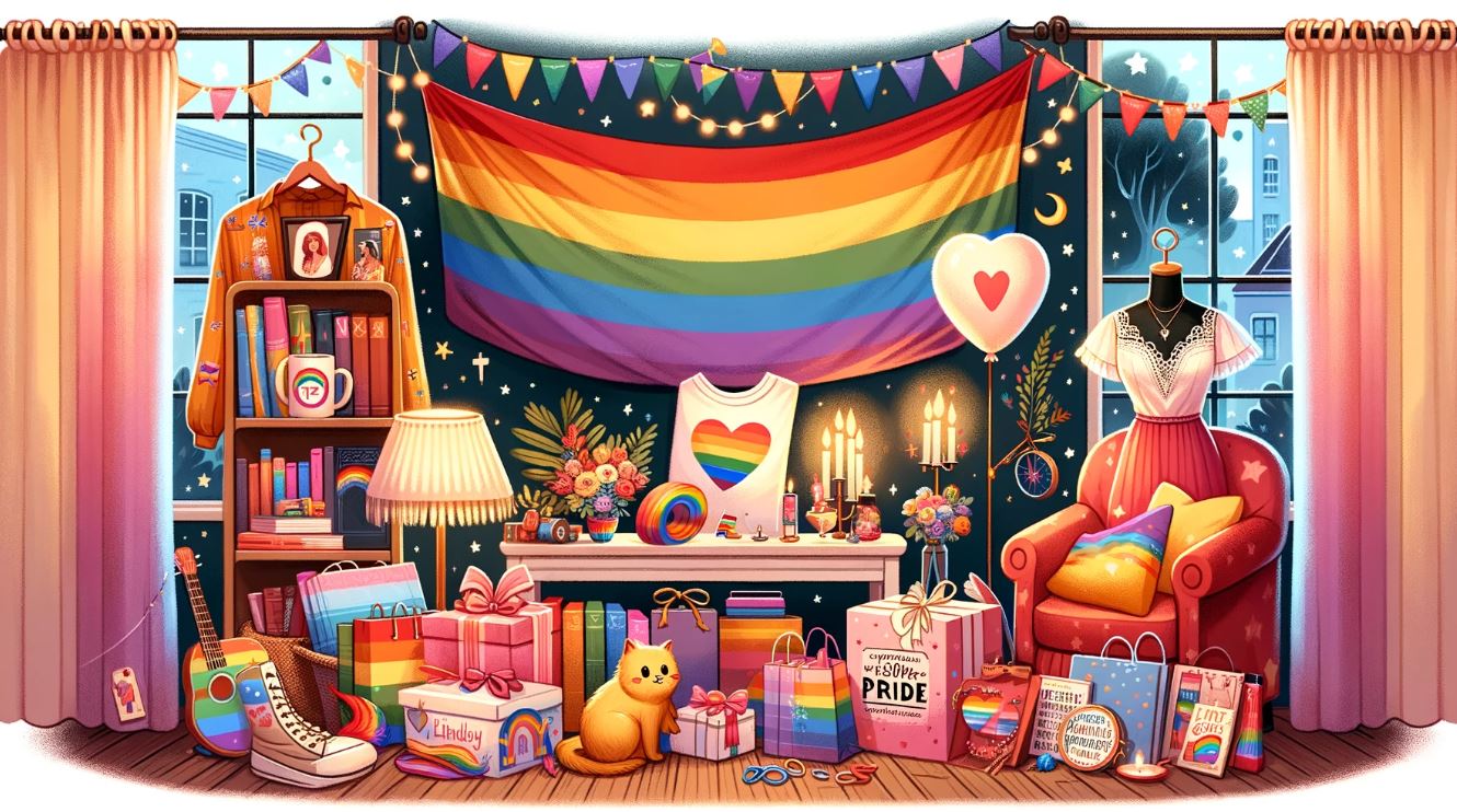 This illustration captures a heartwarming scene filled with a variety of LGBT gifts. It features customized jewelry, pride-themed apparel, and a selection of home decor and literature, all set against the backdrop of a vibrant pride flag. The image exudes a sense of warmth and inclusivity, perfectly complementing the theme of celebrating LGBT identities through thoughtful gifting. lgbt gifts