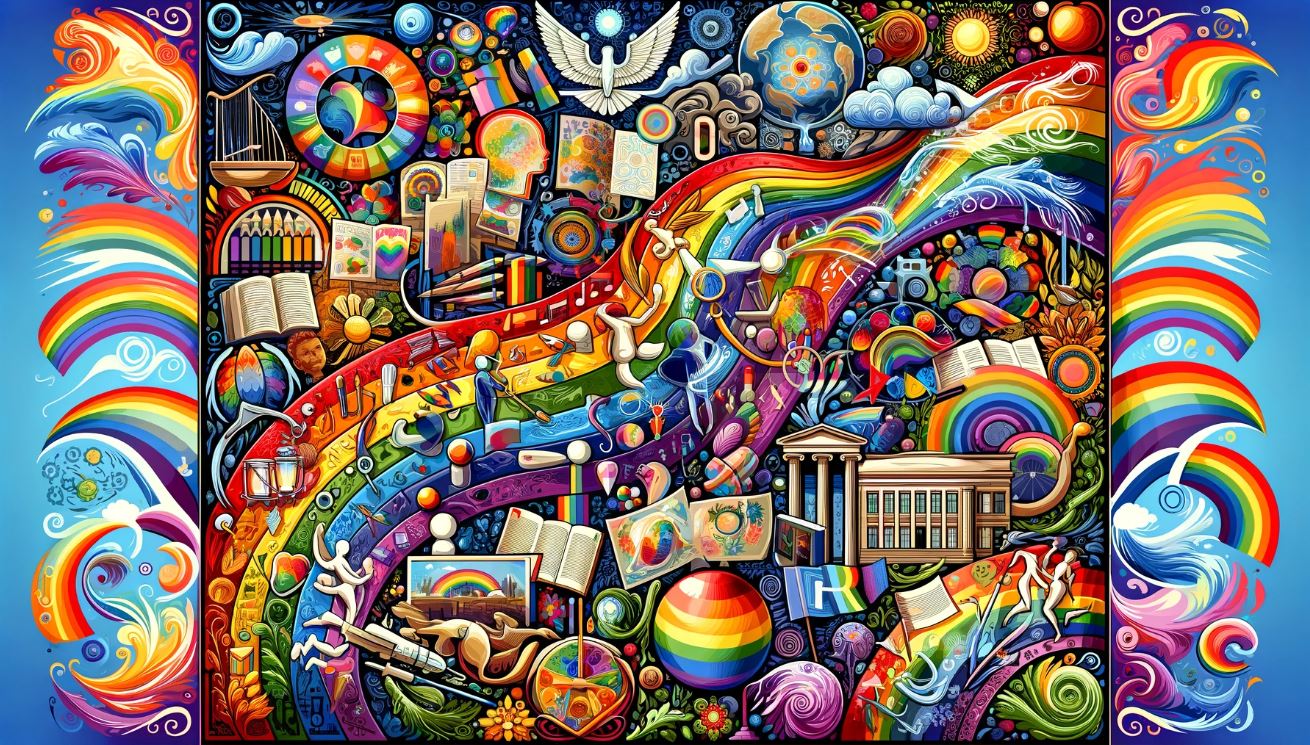 An artistic representation filled with symbols, colors, and elements celebrating LGBT and Queer culture, expressing diversity, unity, and creativity.